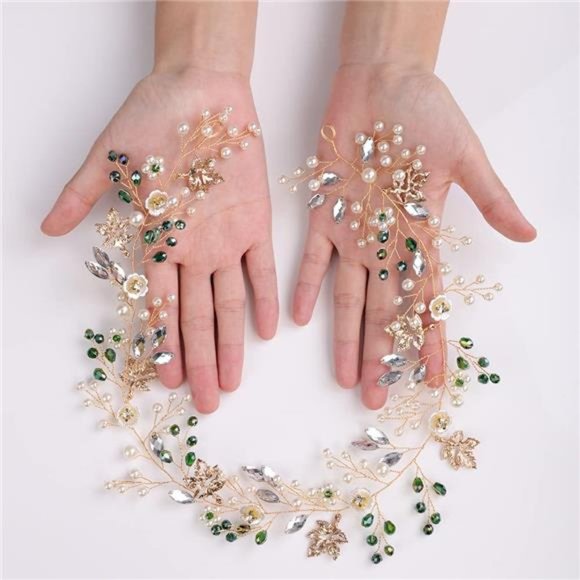 YETTER Wedding Bridal Floral Pearl Green Crystal Maple Pearl Headband Wedding